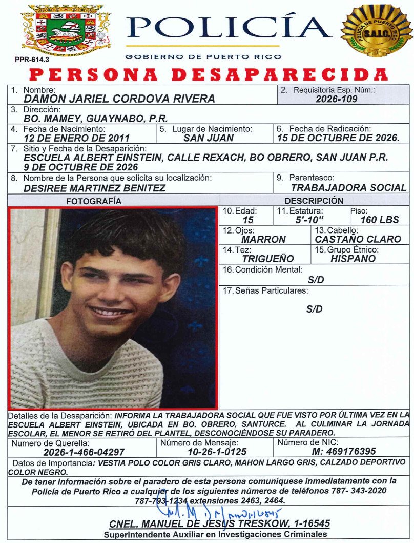 Buscan menor de 15 años desaparecido en Santurce